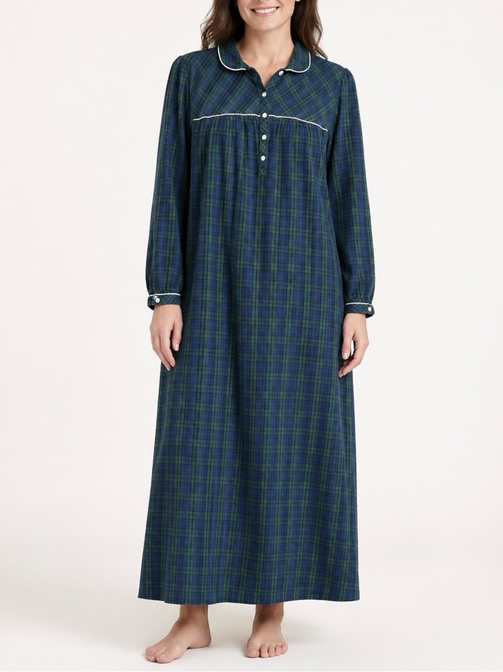 L.L. Bean Scotch Plaid Flannel Nightgown Cotton Long Sleeve Blue Green Large